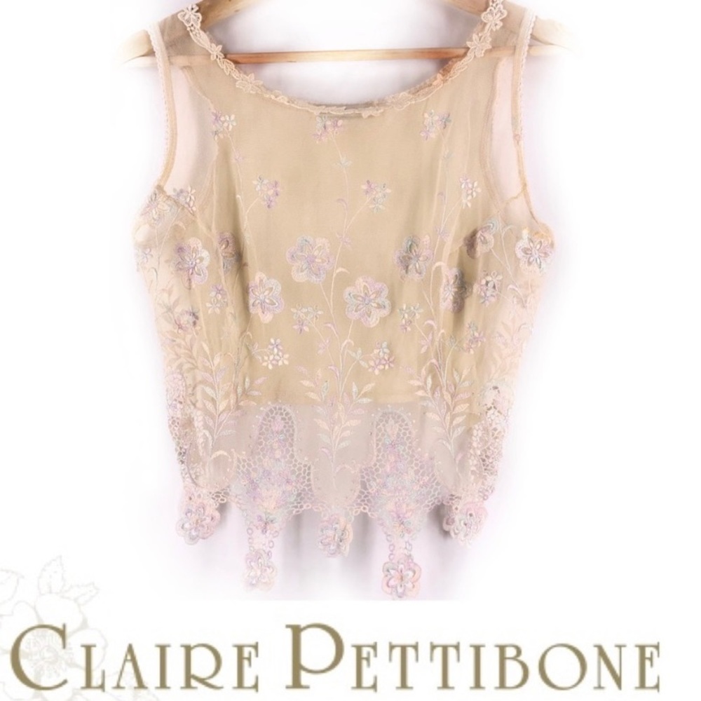 Vtg Claire Pettibone Tulle Lace Floral Crop Blouse